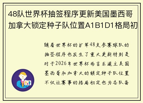 48队世界杯抽签程序更新美国墨西哥加拿大锁定种子队位置A1B1D1格局初定
