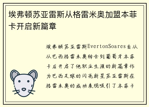 埃弗顿苏亚雷斯从格雷米奥加盟本菲卡开启新篇章