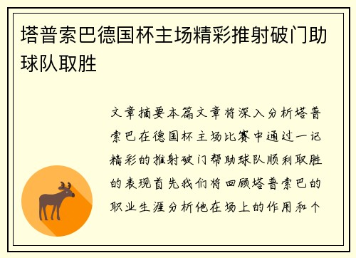 塔普索巴德国杯主场精彩推射破门助球队取胜